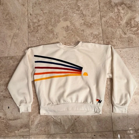 Aviator Nation Cream Sweater with Rainbow Stripes - Picture 4 of 9